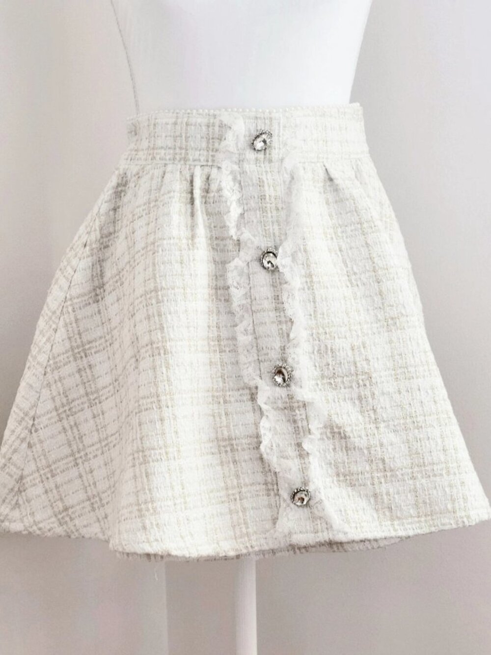 ANK ROUGE Flared Tweed Crystal Bijoux Button A-Line Mini Skirt